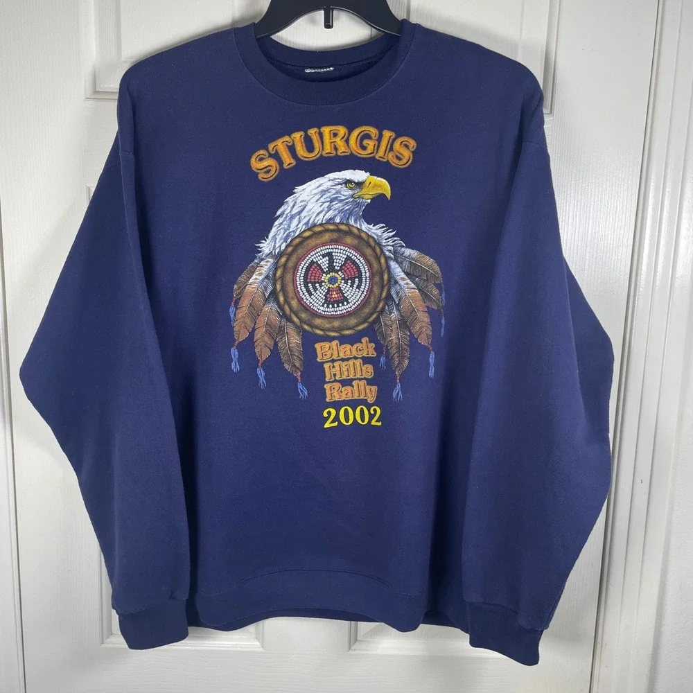 Vintage Sturgis Black Hills Rally Eagle Graphic Crewneck Sweater Men L Navy READ